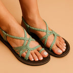 Green Women's Braided Rope Flat Sandals — Severine Strappy Lace-Up Boho - Close Up Detail