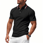 Black Men's Breathable Polo Shirt with Striped Collar & Button Placket