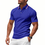 Blue Men's Breathable Polo Shirt with Striped Collar & Button Placket — Leo - Side Pose