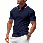 Dark Blue Men's Breathable Polo Shirt with Striped Collar & Button Placket - Studio Front