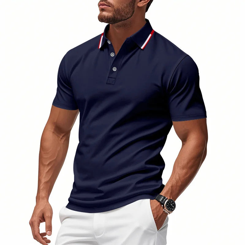 Dark Blue Men's Breathable Polo Shirt with Striped Collar & Button Placket - Studio Front