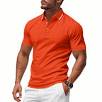 Orange Men's Breathable Polo Shirt with Striped Collar & Button Placket