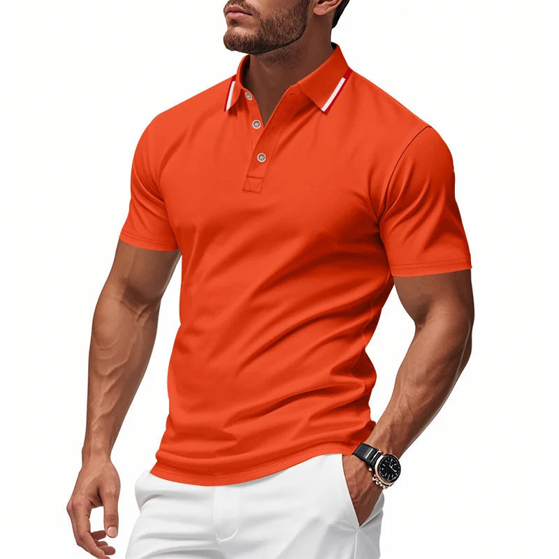 Orange Men's Breathable Polo Shirt with Striped Collar & Button Placket