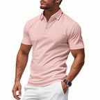 Pink Men's Breathable Polo Shirt with Striped Collar & Button Placket
