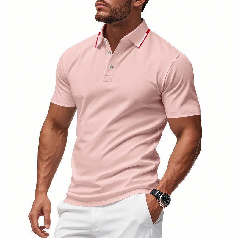 Pink Men's Breathable Polo Shirt with Striped Collar & Button Placket