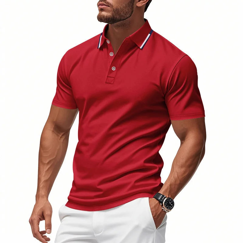 Red Men's Breathable Polo Shirt with Striped Collar & Button Placket