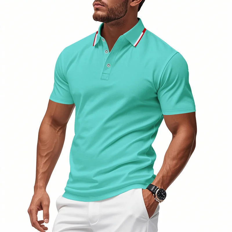 Sky Blue Men's Breathable Polo Shirt with Striped Collar & Button Placket - Close Up Fabric