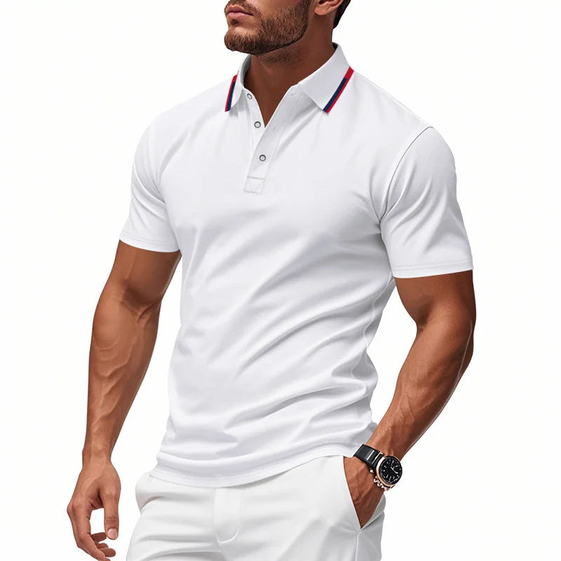 White Men's Breathable Polo Shirt with Striped Collar & Button Placket - Collar Detail