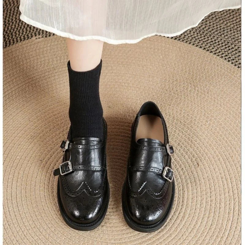 Black Double Buckle Belt Women's Leather Brogue Loafers with Fringed Cap & Adjustable Buckle - Close Up Front View