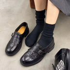 Black single strap with buckle Women's Leather Brogue Loafers with Fringed Cap & Adjustable Buckle - Close Up Top View