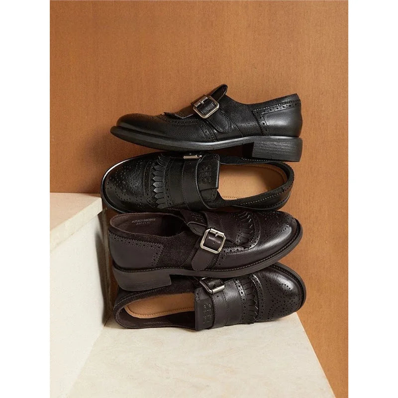 Women's Leather Brogue Loafers with Fringed Cap & Adjustable Buckle - Flat Lay Stacked
