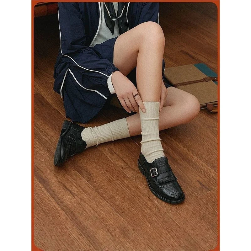 Women's Leather Brogue Loafers with Fringed Cap & Adjustable Buckle - Front Full Seated