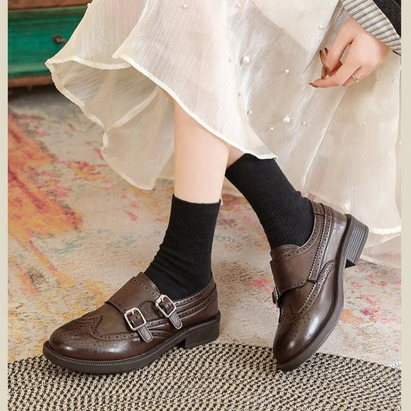 Brown Women's Leather Brogue Loafers with Fringed Cap & Adjustable Buckle - Close Up Side Detail