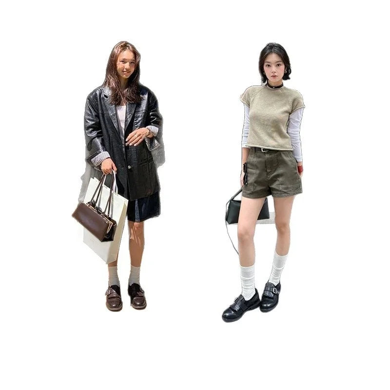 Women's Leather Brogue Loafers with Fringed Cap & Adjustable Buckle - Full Outfit Comparison