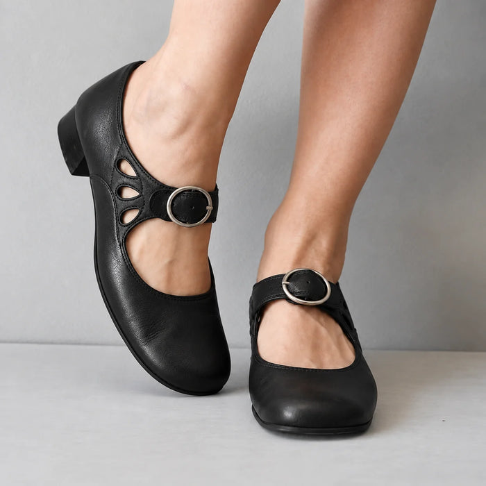Black Women's Buckle Sandals with Cutout Mary Jane Strap & Block Heel - Front Crossed Pose