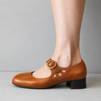 Women's Buckle Sandals with Cutout Mary Jane Strap & Block Heel - Side Profile Closeup