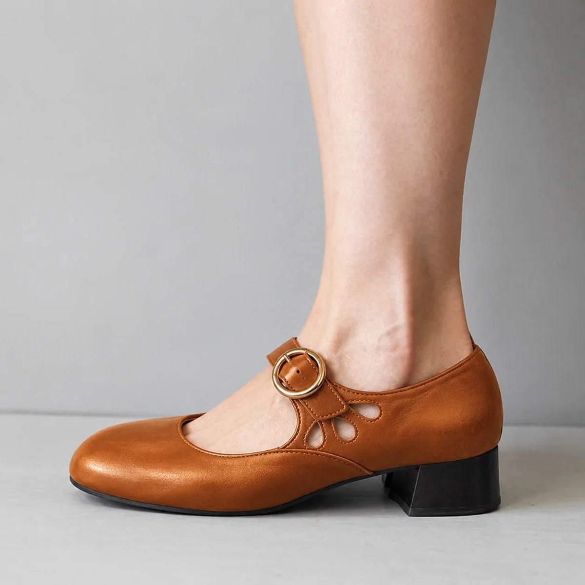 Women's Buckle Sandals with Cutout Mary Jane Strap & Block Heel - Side Profile Closeup