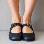 Navy Blue Women's Buckle Sandals with Cutout Mary Jane Strap & Block Heel - Front View Both Feet