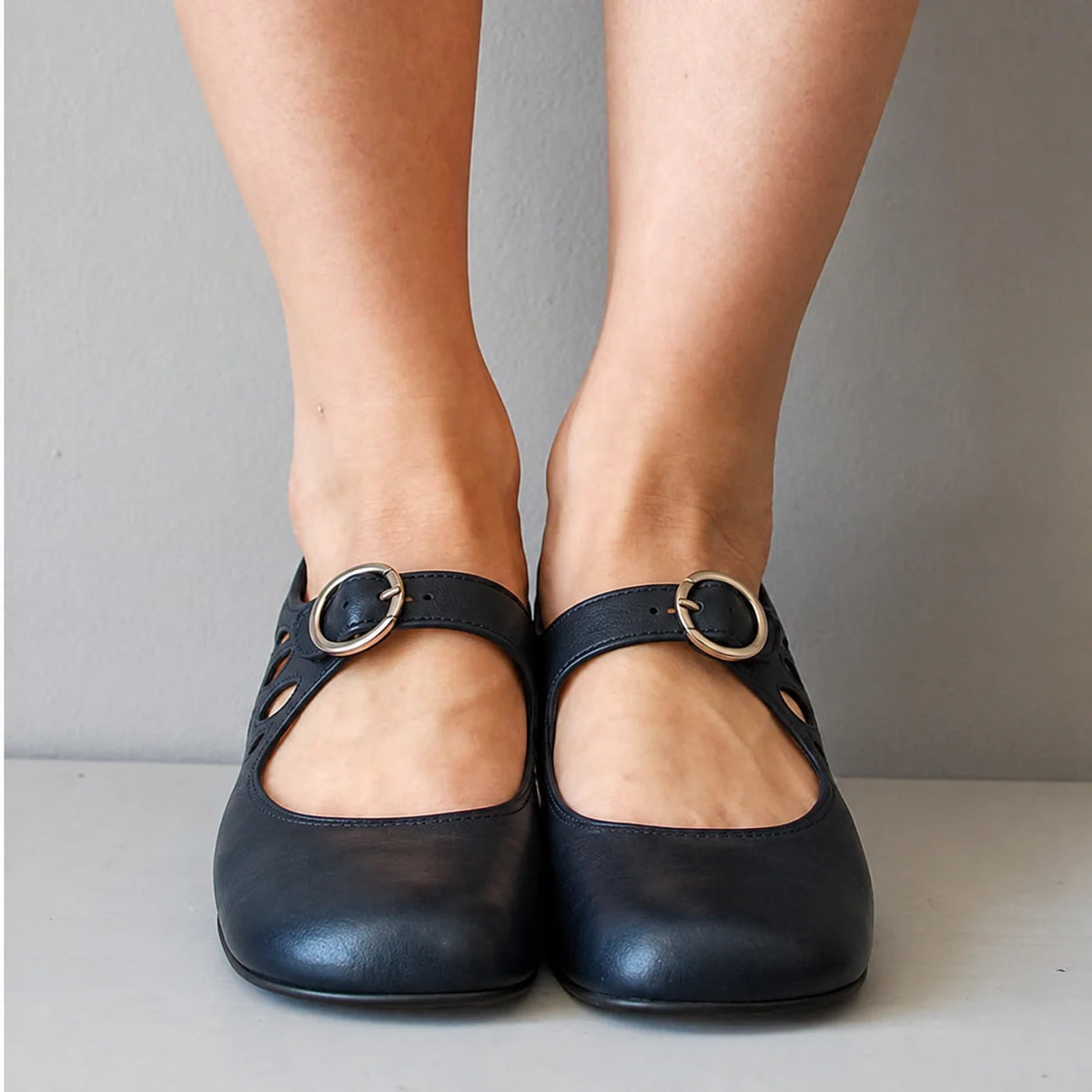 Navy Blue Women's Buckle Sandals with Cutout Mary Jane Strap & Block Heel - Front View Both Feet