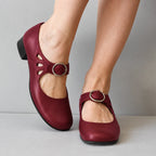 Red Women's Buckle Sandals with Cutout Mary Jane Strap & Block Heel - Front Pose Closeup