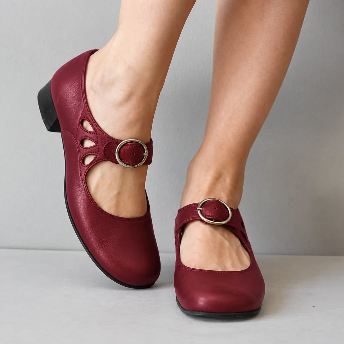 Red Women's Buckle Sandals with Cutout Mary Jane Strap & Block Heel - Front Pose Closeup
