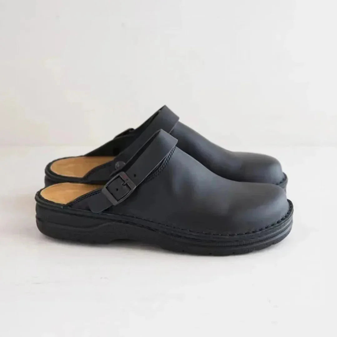 Black Men's Buckle Strap Comfort Clogs — Daniel Everyday Slip-On Cushioned - Side Profile