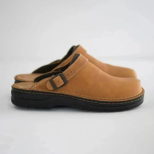 Brown Men's Buckle Strap Comfort Clogs — Daniel Everyday Slip-On Cushioned - Side Profile Tan