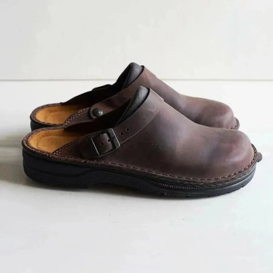 Dark Brown Men's Buckle Strap Comfort Clogs — Daniel Everyday Slip-On Cushioned - Angled Front Pair