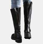 Black Women's Buckle Strap Knee High Riding Boots in Faux Leather with Side Zip — Felicity - Back Detail Zipper