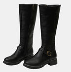 Black Women's Buckle Strap Knee High Riding Boots in Faux Leather with Side Zip — Felicity - Front Pair Studio