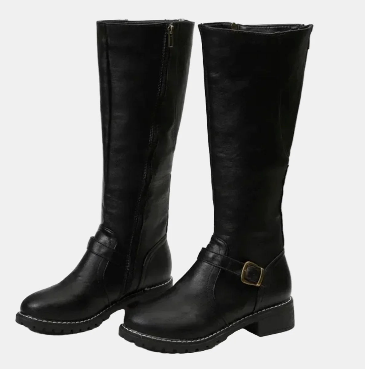 Black Women's Buckle Strap Knee High Riding Boots in Faux Leather with Side Zip — Felicity - Front Pair Studio