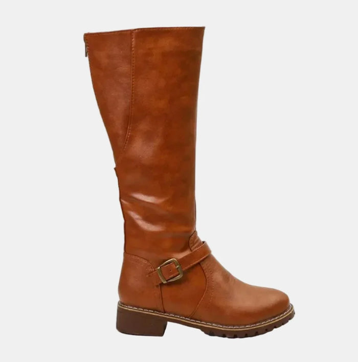 Brown Women's Buckle Strap Knee High Riding Boots in Faux Leather with Side Zip — Felicity - Front Full Studio