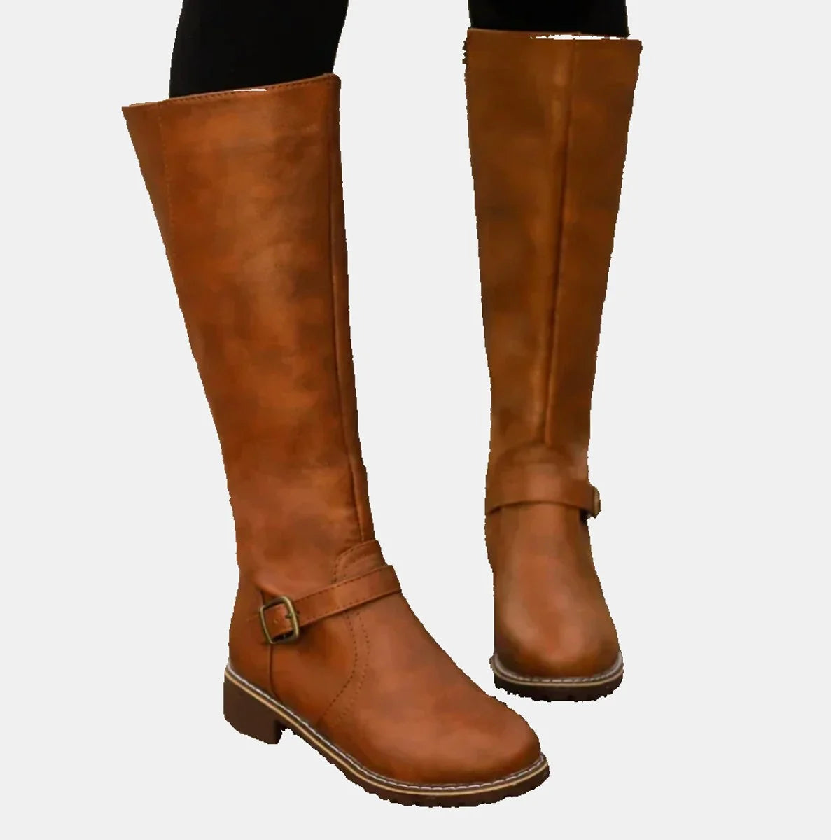 Brown Women's Buckle Strap Knee High Riding Boots in Faux Leather with Side Zip — Felicity - Worn Lifestyle Front