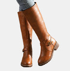 Brown Women's Buckle Strap Knee High Riding Boots in Faux Leather with Side Zip — Felicity - Worn With Jeans Side