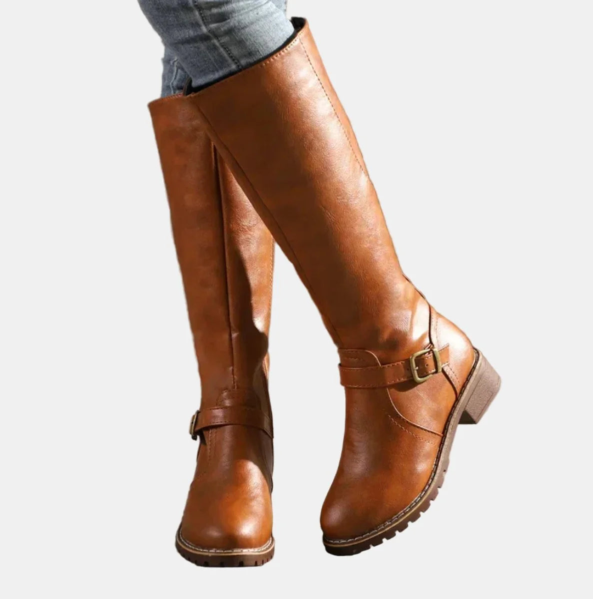 Brown Women's Buckle Strap Knee High Riding Boots in Faux Leather with Side Zip — Felicity - Worn With Jeans Side