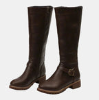 Dark Brown Women's Buckle Strap Knee High Riding Boots in Faux Leather with Side Zip — Felicity - Side Pair Studio