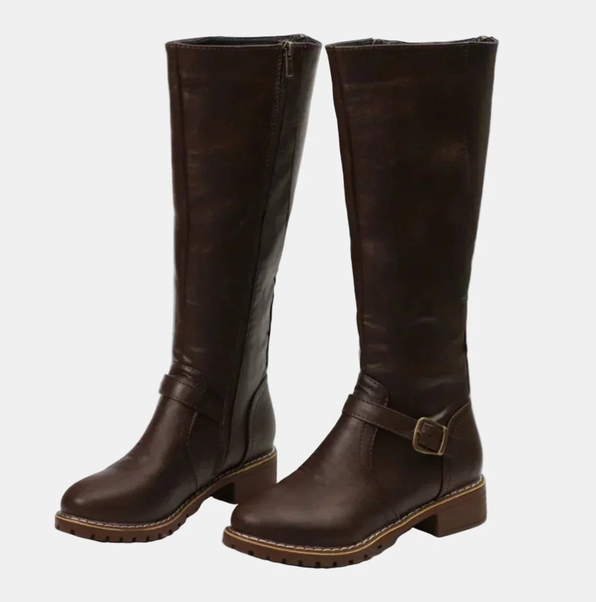 Dark Brown Women's Buckle Strap Knee High Riding Boots in Faux Leather with Side Zip — Felicity - Side Pair Studio