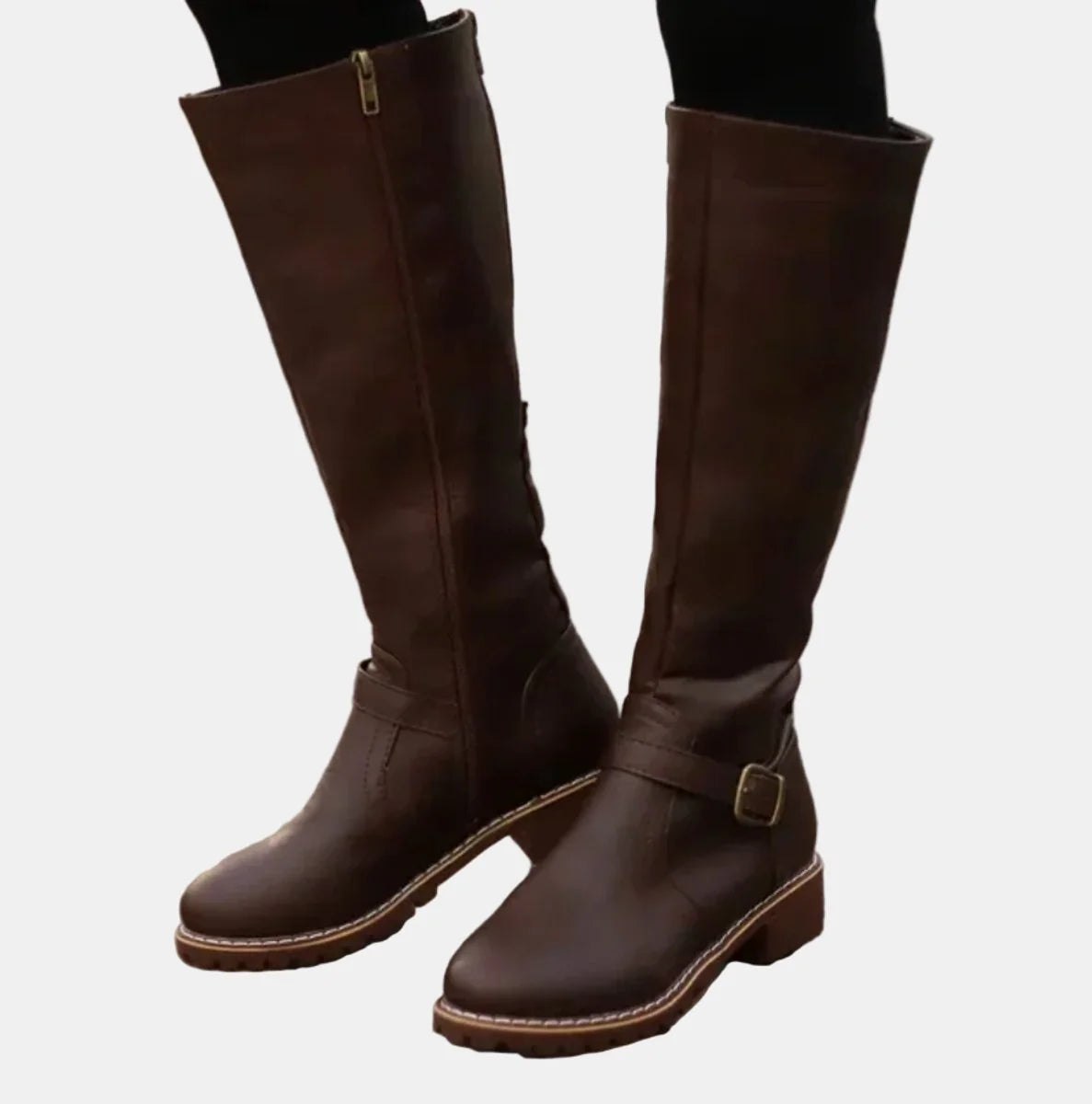 Dark Brown Women's Buckle Strap Knee High Riding Boots in Faux Leather with Side Zip — Felicity - Worn Lifestyle Side
