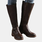 Dark Brown Women's Buckle Strap Knee High Riding Boots in Faux Leather with Side Zip — Felicity - Worn With Jeans Front