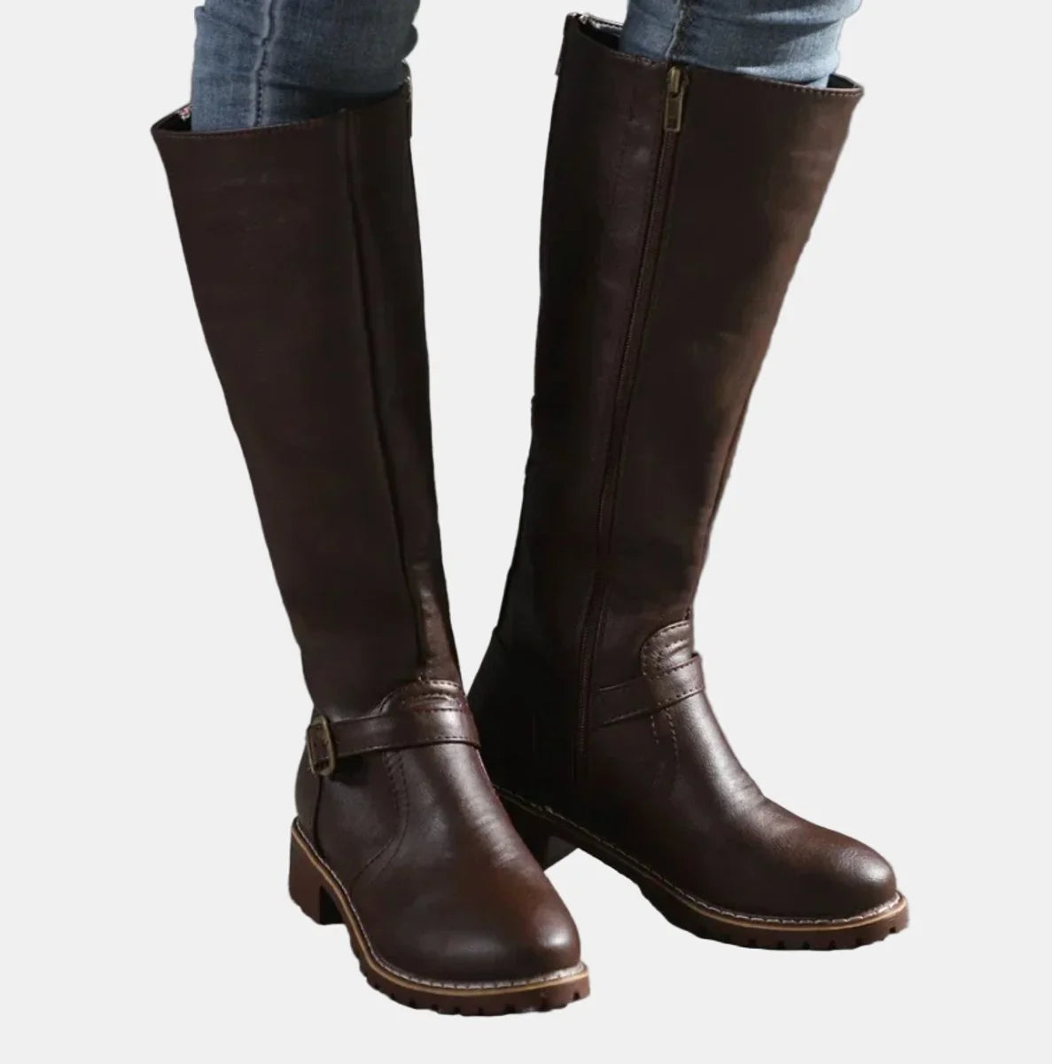 Dark Brown Women's Buckle Strap Knee High Riding Boots in Faux Leather with Side Zip — Felicity - Worn With Jeans Front
