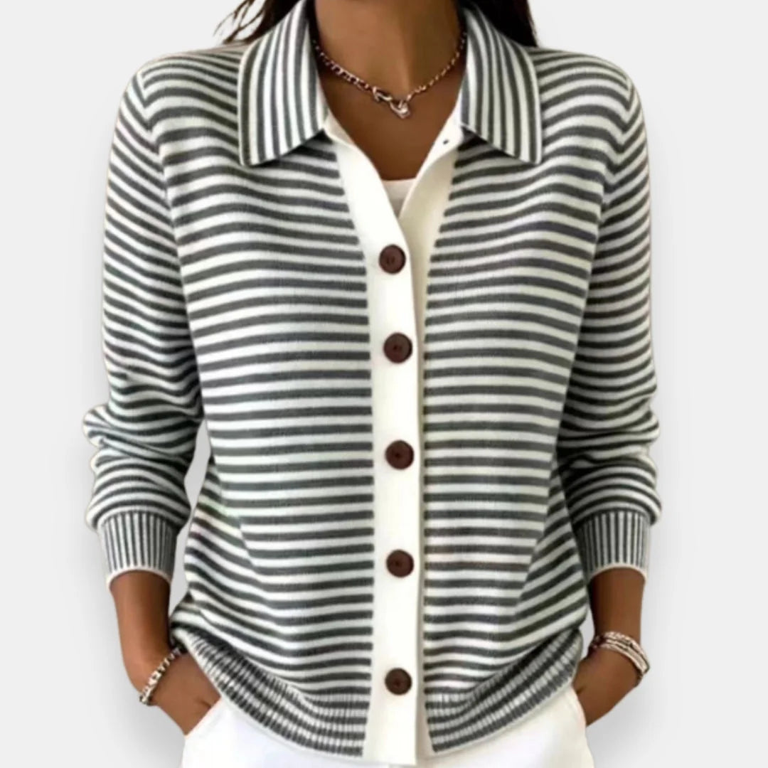 Black Women's Striped Button Cardigan with Collar & Ribbed Cuffs — Chloe