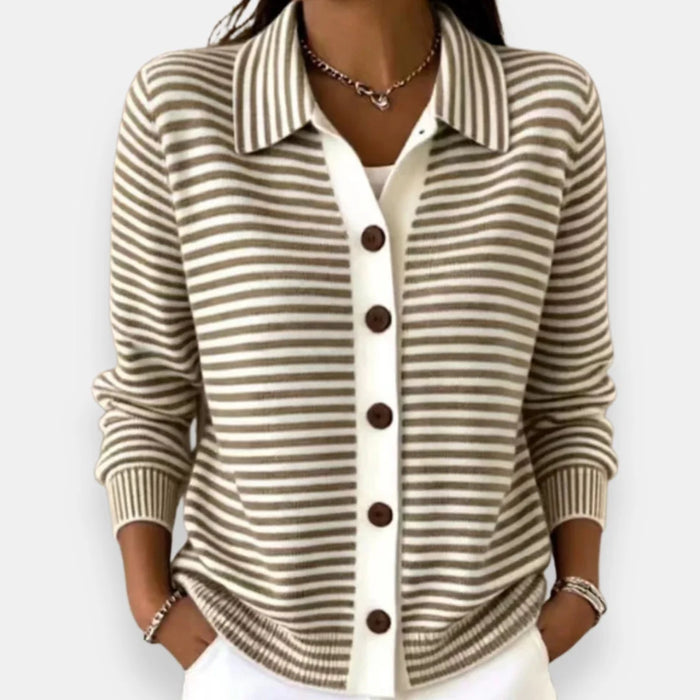 Brown Women's Striped Button Cardigan with Collar & Ribbed Cuffs