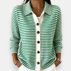 Green Women's Striped Button Cardigan with Collar & Ribbed Cuffs — Chloe