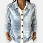 Light Blue Women's Striped Button Cardigan with Collar & Ribbed Cuffs — Chloe