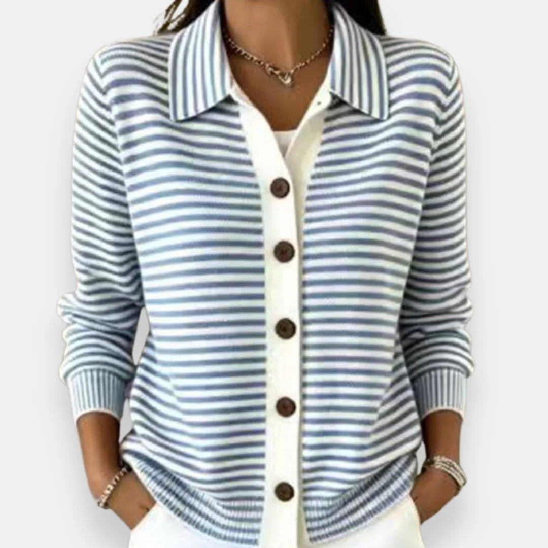 Light Blue Women's Striped Button Cardigan with Collar & Ribbed Cuffs — Chloe