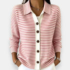Pink Women's Striped Button Cardigan with Collar & Ribbed Cuffs — Chloe