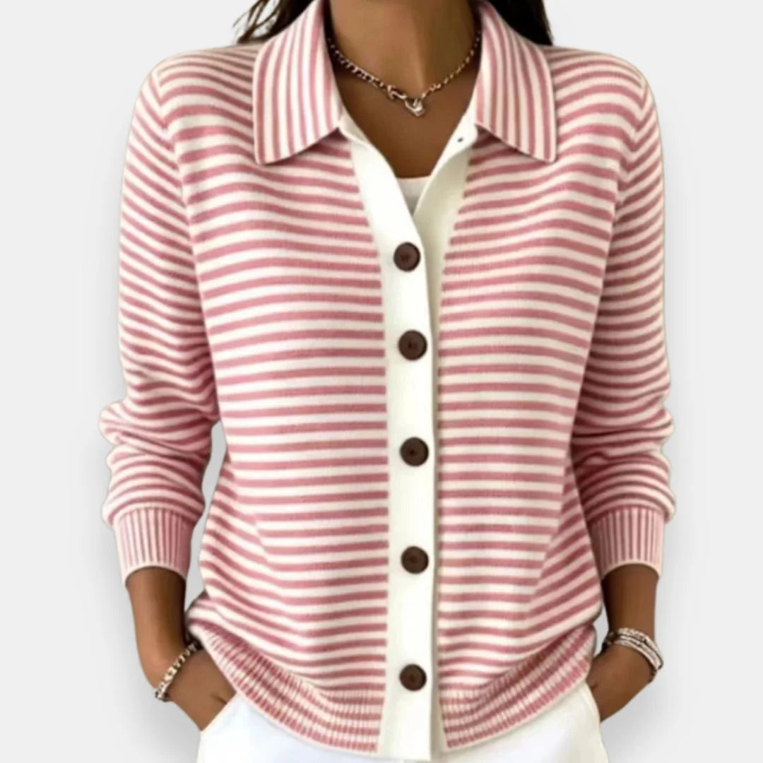 Pink Women's Striped Button Cardigan with Collar & Ribbed Cuffs — Chloe