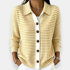 Yellow Women's Striped Button Cardigan with Collar & Ribbed Cuffs — Chloe