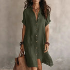 Army green Green Women's Button-Down Shirt Dress — Celeste Linen Roll-Sleeve Midi - Front Full