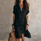 Black Women's Button-Down Shirt Dress — Celeste Linen Roll-Sleeve Midi - Front Pose